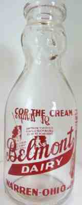 Belmont Dairy - Cop The Cream - Warren Ohio  Red Pyro Quart Milk Bottle.