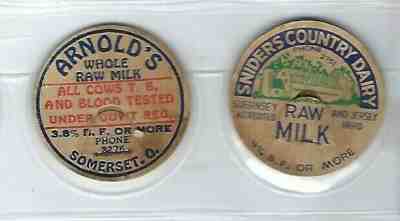 Sniders Country Dairy Arnold's Blood Tested milk cap lid set Somerset Ohio Perry