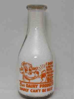 TRPQ Milk Bottle Riverview Dairy Comical Cow Blowing Own Horn 1946 LOCATION???