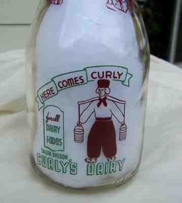 Vintage Milk Bottle  CURLY'S DAIRY Salem, Oregon Round Quart 1948 Duraglas 