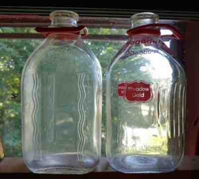 2- Vintage Half Gallon Milk Bottles Meadow Gold Dairy . Transfer & Embossed
