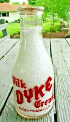 RARE MILK DYKE CREAM BOTTLE WARREN YOUNGSVILLE PA  NURSERY RHYME PYRO QUART