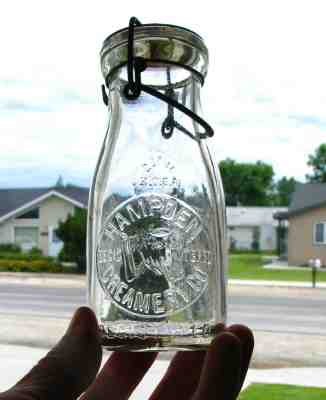 NICE one! Tin Top old HAMPDEN CREAMERY CO milk bottle COW EMB. Boston MASS?