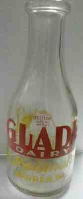 1947 E. Abplanalp Glade Dairy Warren, PA. Quart Milk Bottle / Red & Yellow Farm 