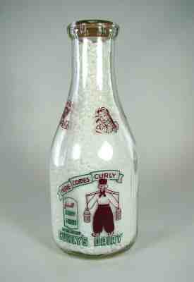 2 Color TRPQ old SALEM OREGON OR / CURLY'S DAIRY milk bottle HERE COMES CURLY!