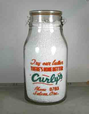 HUGE GALLON! PYRO old CURLY'S Dairy / SALEM OREGON OR 2-color milk bottle