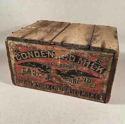 GAIL BORDEN'S CONDENSED MILK EAGLE BRAND 16oz Cans WOODEN CRATE BOX, Paper Label