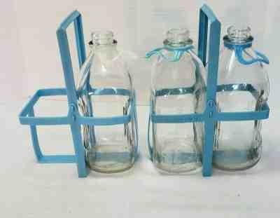 Vintage Three Lawson's Half Gallon Milk Jugs With 2 Blue Handle Carriers