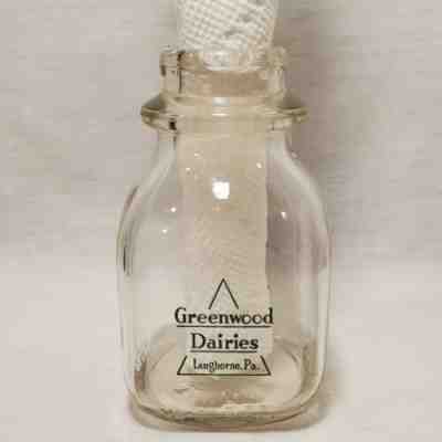 Vtg Milk Bottle GREENWOOD DAIRIES Langhorne PA Square Squat Half Pint Pyro Green