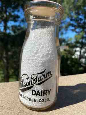 TRP1/2pint Milk bottle WILSON FARM DAIRY EVERGREEN COLORADO Black pyro Mint 1940