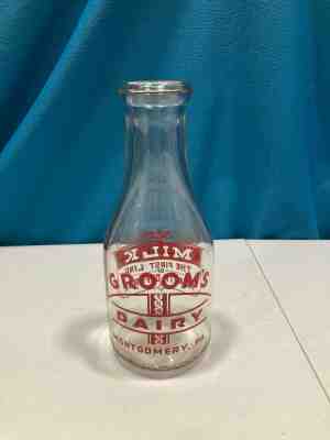 Groom's Dairy Milk Bottle, Montgomery, PA. One Quart, Milk Health Defense Pyro