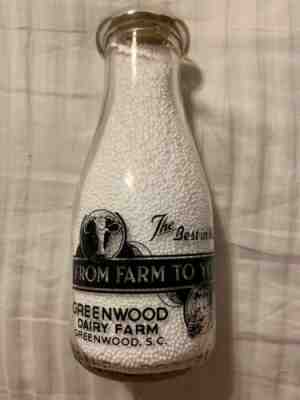 Greenwood Dairy Farm Greenwood, SC South Carolina Pint Black Acl Milk Bottle