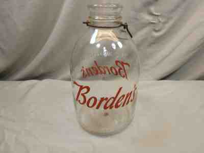 BORDEN’S 1 GALLON MILK BOTTLE WITH METAL HANDLE & WIDE MOUTH 1950’S