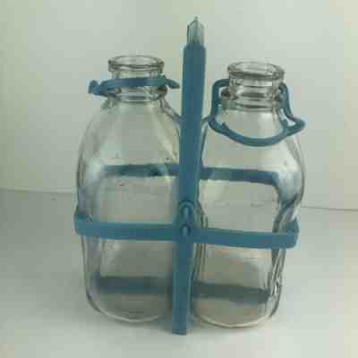 Vintage Lawson's Half Gallon Milk Jugs Glass With Blue Handle Carrier 