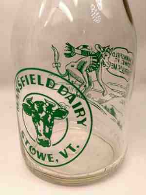 RARE VINTAGE MANSFIELD DAIRY STOWE VT GLASS MILK BOTTLE ONE QUART SKIING COW