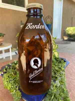 Vintage Gail Borden Signature Dark Amber Glass Milk Bottle Two Quart W/ Ad Cap