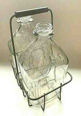 2 Vtg Clear Glass Half Gallon Milk Bottles Metal Carrier 