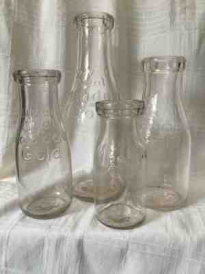 4 Vintage Milk Bottles Meadow Gold Dairy Silver Seal Quart-Half Pint Bottle Set