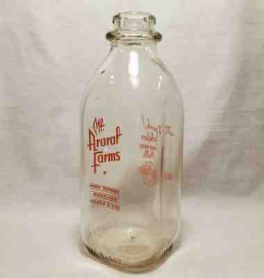 Vintage Milk Bottle MT ARARAT FARMS Port Deposit MD Quart Orange Pyro Square