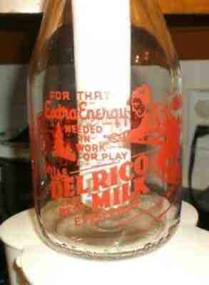 VTG. Pyro Glazed Round Quart DEL RICO CREAMERY Milk Bottle~Santa Fe, New Mexico