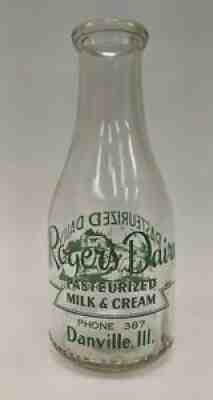 VTG Rogers Dairy Danville, IL Quart Glass Milk Bottle w/ Green Pyro Farm Scene