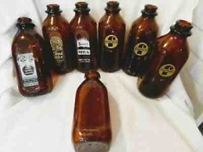 7 VINTAGE MILK BOTTLES QUART BROWN: SUNSET, ADOHR, FOREMOST, CHALLENGE, & BLANK