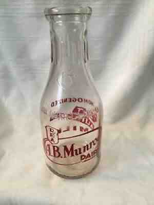 Vintage Quart Milk Bottle A. B. Munroe Dairy East Providence Rhode Island 1946