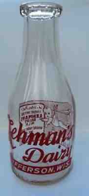 Vintage Red Pyro Milk Bottle Stork & Baby Lehman's Dairy Jefferson WI Wisconsin