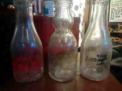 3 Vintage Milk Bottles War Bonds ~ HILO Dairymen ~ Langs Creamery Dairy Lot