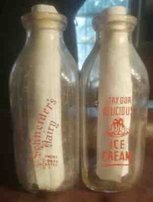 2 Vintage Quart Milk Bottles Schneider's Dairy Lancaster NY