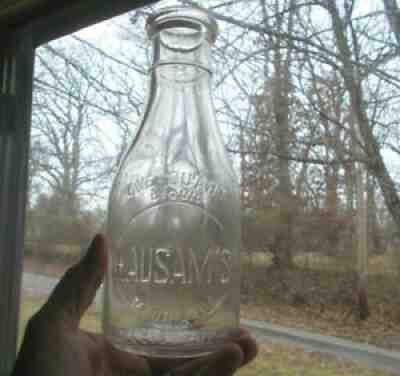 PEORIA,ILL HAUSAM'S ONE QUART SLUG PLATE EMB RARE ILLINOIS MILK BOTTLE