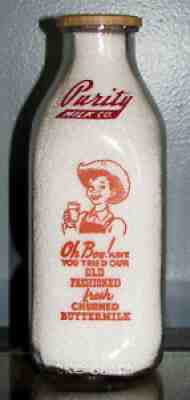 PURITY MILK CO. PHILIPSBURG PA COTTAGE CHEESE BUTTERMILK QUART PYRO DAIRY BOTTLE