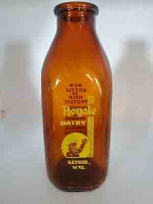 Vintage Royale Dairy Keyser West Virginia Quart Amber Milk Bottle Yellow Paint