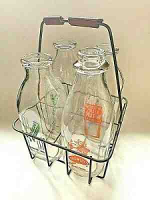 4 Vtg Clear Glass Quart Milk Bottles Metal Carrier Muncie Crowley Meadow Gold