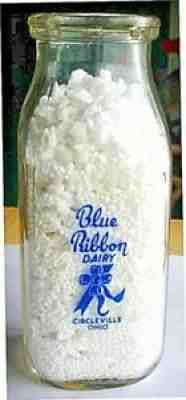 BLUE RIBBON DAIRY CIRCLEVILLE OHIO BLUE PYRO 1/2 PINT MILK BOTTLE