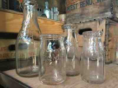 4 Vintage Milk Bottles Meadow Gold Dairy Silver Seal Quart-Half Pint Bottle Set