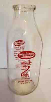 1970's MARBURGER Farm Dairy Glass Milk Bottle 1 QT. EVANS CITY, PA.