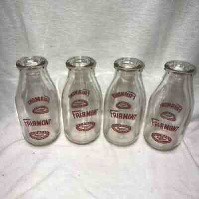 4 vtg Fairmont Food Prod. pyroglazed 1-pt dairy milk glass bottles, 3 EUC,1 chip