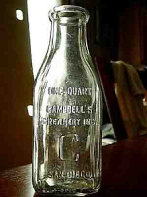 1927 CAMPBELL San Diego CALIFORNIA Calif CAL. CA. dairy milk bottle BLAKE HART