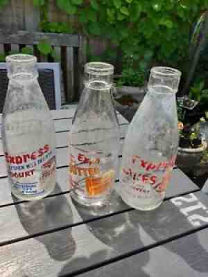 Vintage 1930's Express Dairies Milk Bottles With Adverts x3