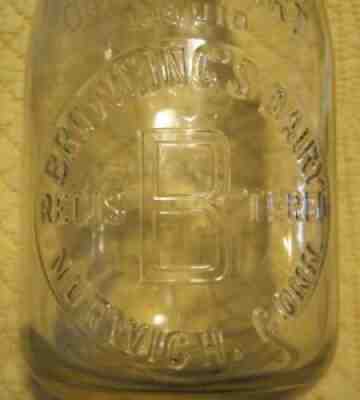 BROWNING'S DAIRY - 1 Qt EMBOSSED Milk Bottle -NORWICH, CT. - STORE BOTTLE 5 CENT