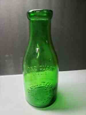 RARE GREEN GLASS MILK BOTTLE LANGS BUFFALO NEW YORK BOTTOM MARK LA34