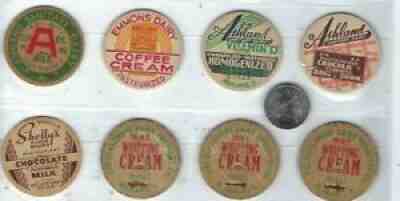 8 wayne county ashland wooster Ohio milk bottle cap lot, Shelly Claremont Emmons