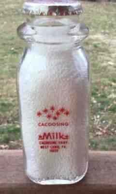 VINTAGE RED PYRO GLASS HALF PINT MILK BOTTLE / CACOOSING DAIRY / WEST LAWN, PA