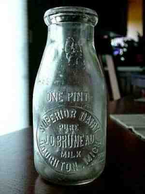 1905-1910 J.O. BRUNEAU Houghton MICHIGAN Mich. MI. Pint dairy milk bottle U.P.