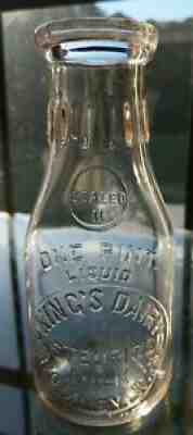 Rare Pint King's Dairy Pasteurized Milk Bottle TREP Romney West Virginia WVA