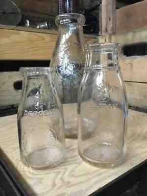 3 Vintage Bottles Milk Dairy Container Detroit Michigan Quart Third & Half Pint