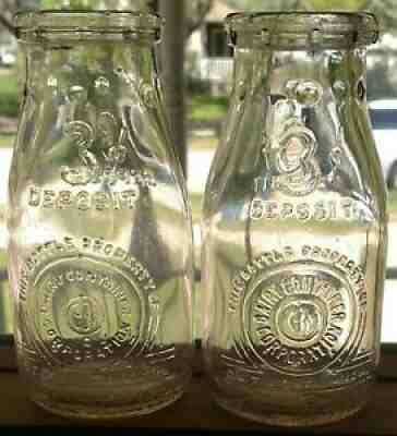 2 Vintage Dairy Container Corp. milk bottles Detroit, Mich half pint 3Â¢ deposit