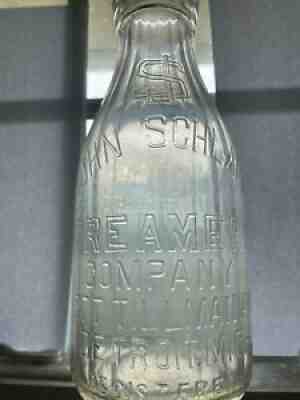 John Schlaff Creamer Company One Quart Milk Bottle Ribbed Detroit Michigan MI