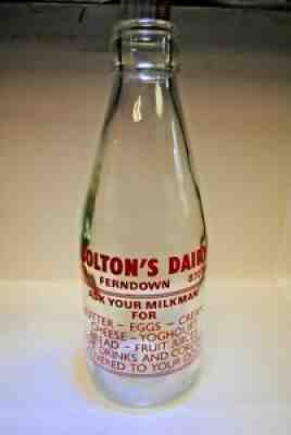 Vintage Glass Milk Bottle - Bolton's Dairy, Ferndown - Very Clean and clear.
